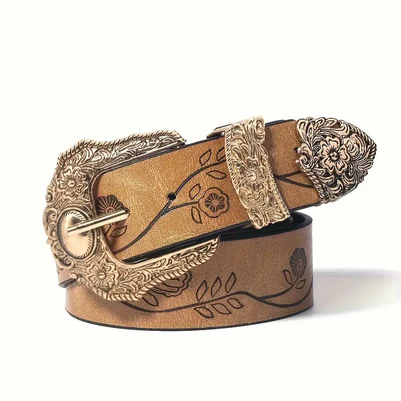 Luravelle – Tłoczony kwiatowy wzór – Pasek westernowy-10287792292183-Krystyna Skórzane Atelier